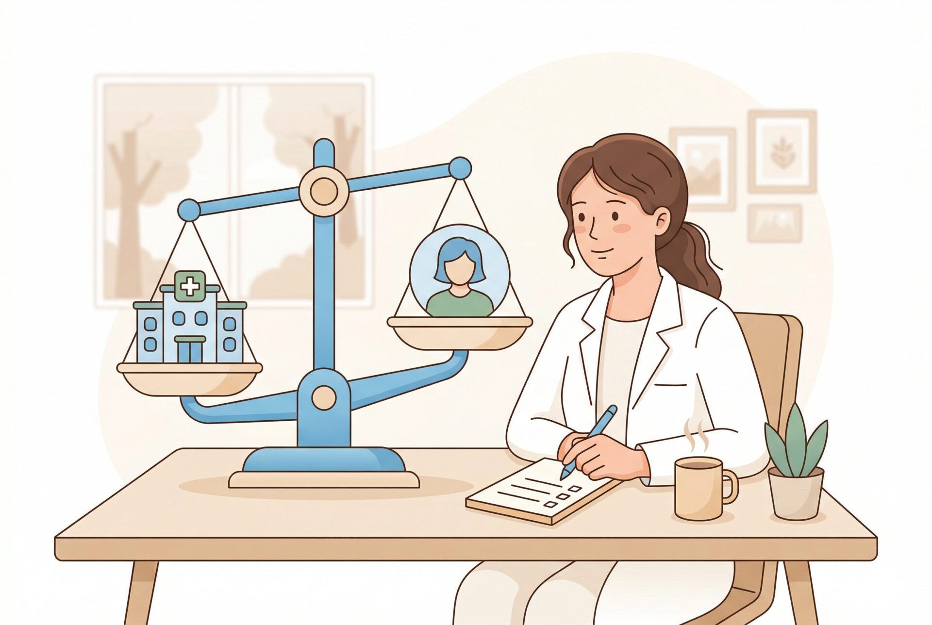 環境と自分を天秤にかけて見極めるイラスト