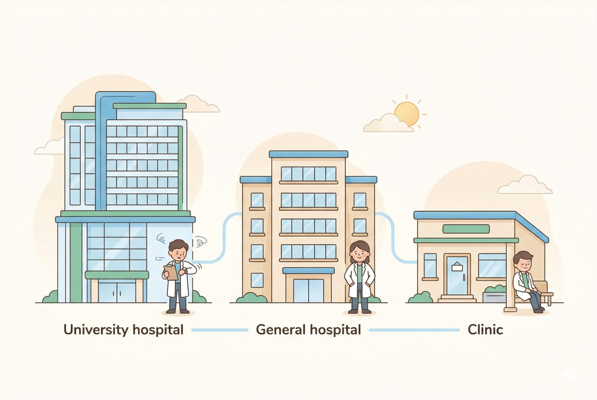 大学病院・総合病院・クリニックの勤務先比較イラスト