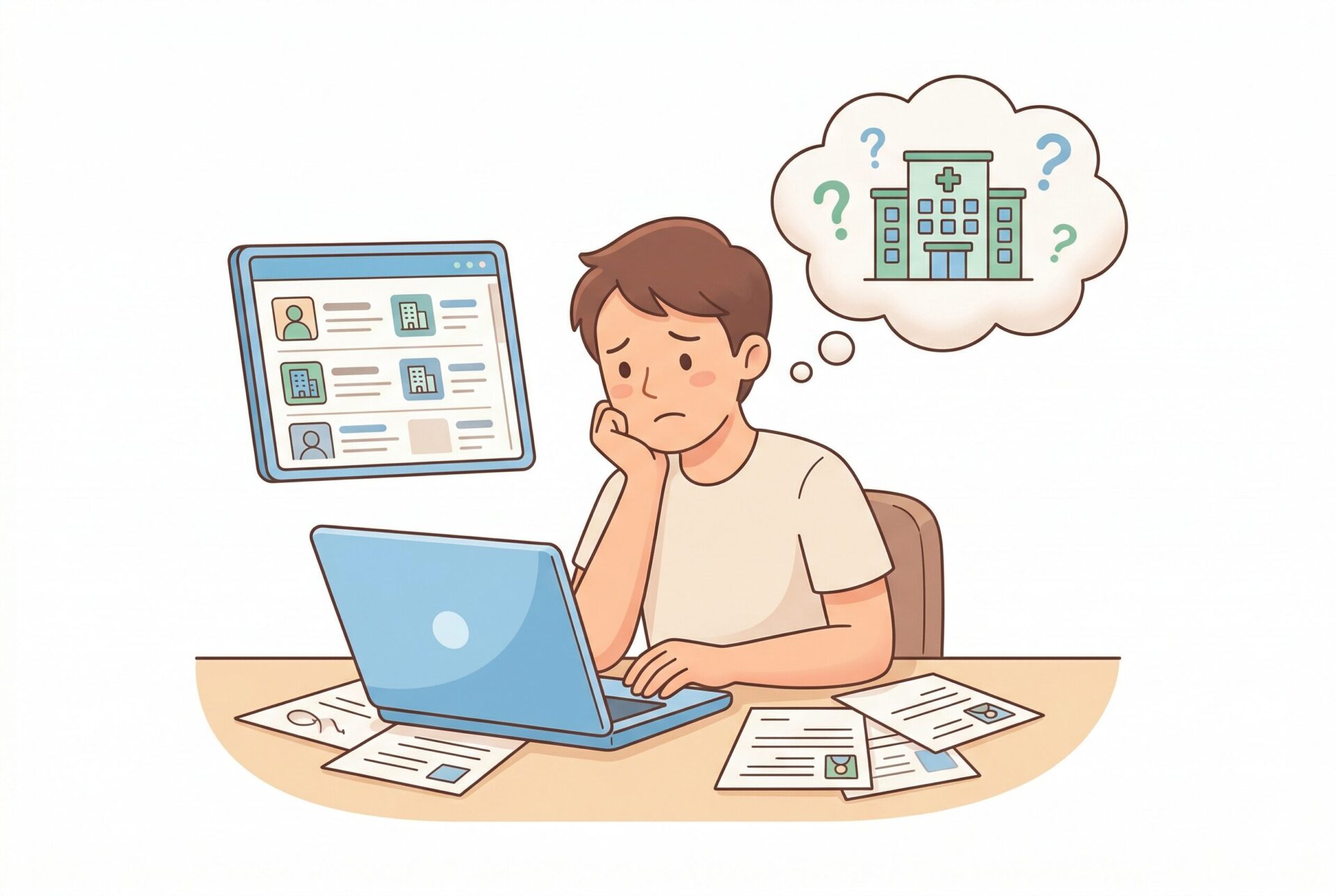 就職活動に不安を感じる放射線技師学生のイラスト