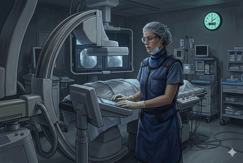 鉛エプロンを着用してカテ室で深夜のオンコール対応をする放射線技師