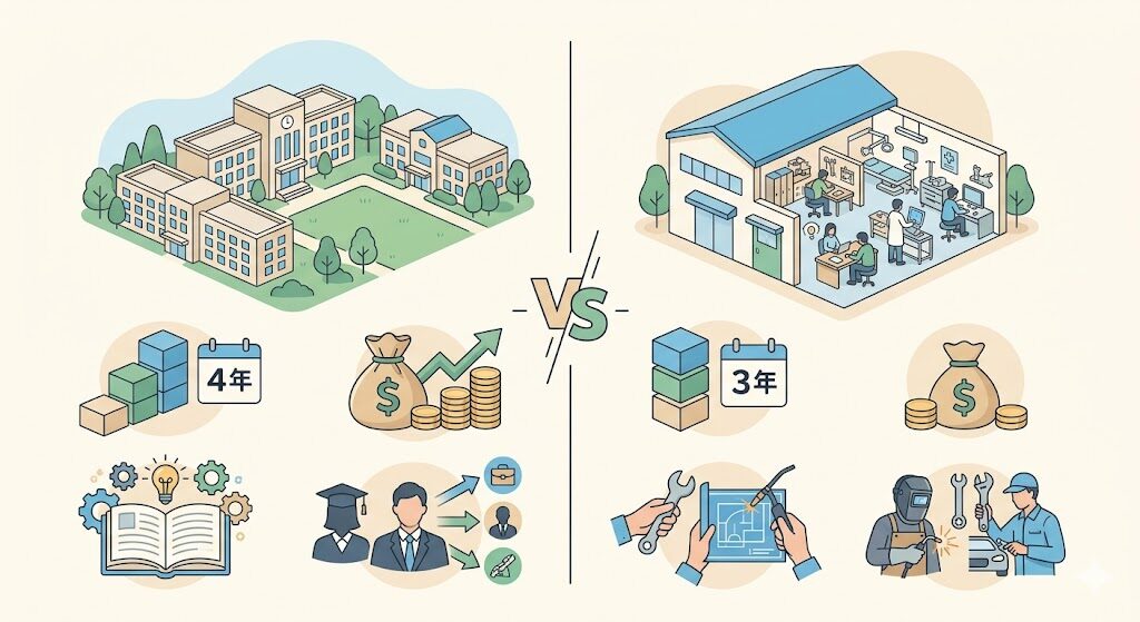 大学と専門学校の違いを比較するイラスト