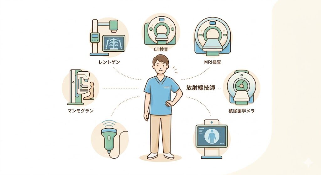 放射線技師が担当する9種類の検査機器のイラスト