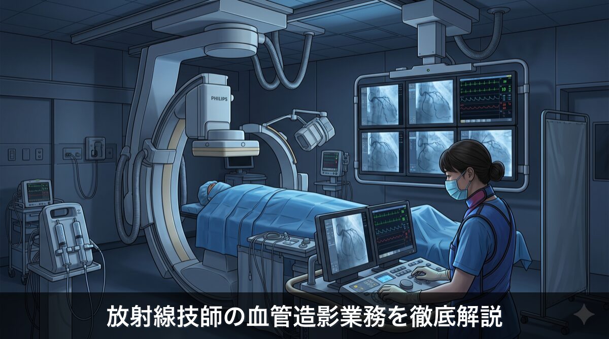 血管造影室（カテ室）でアンギオ装置を操作する放射線技師