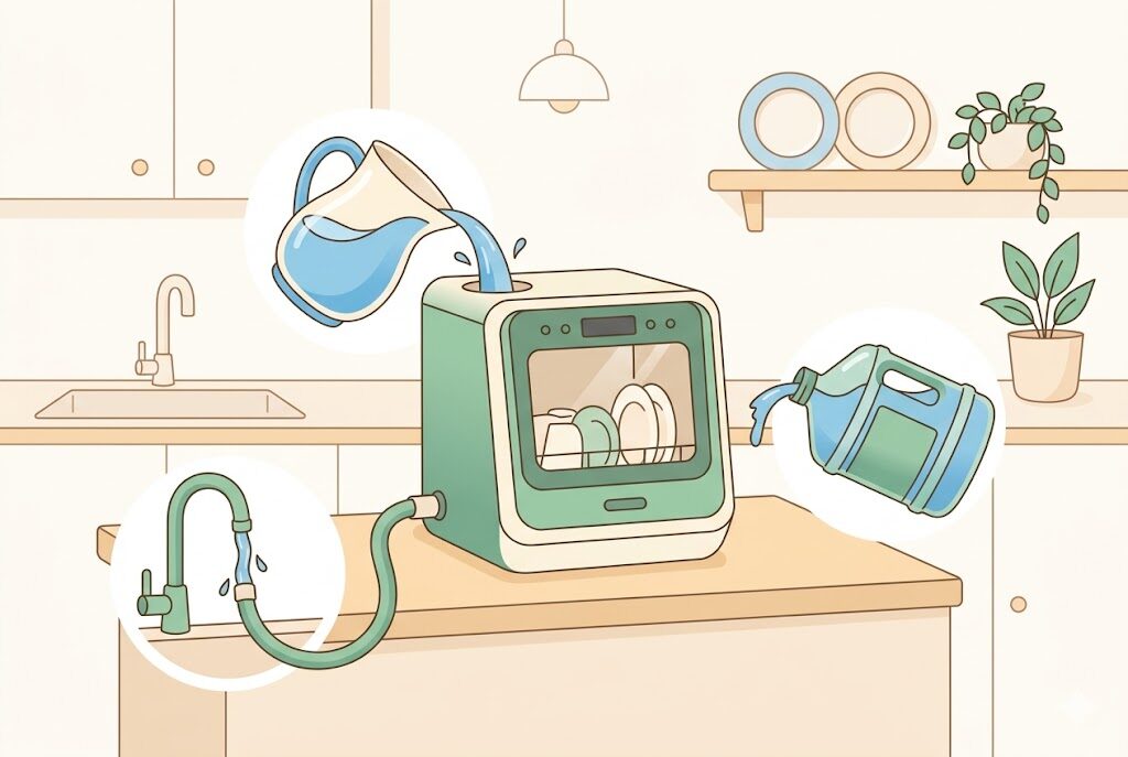 タンク式食洗機の給水方法を比較するイメージ