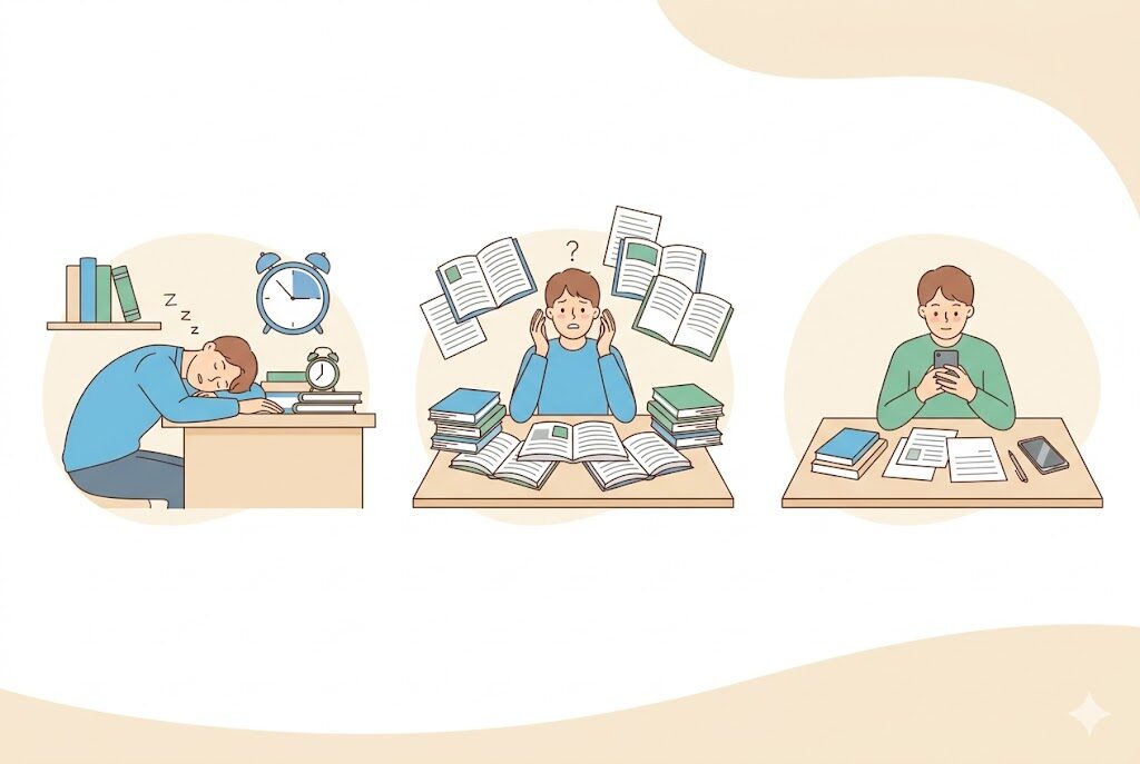 国家試験に不合格になるパターンのイラスト