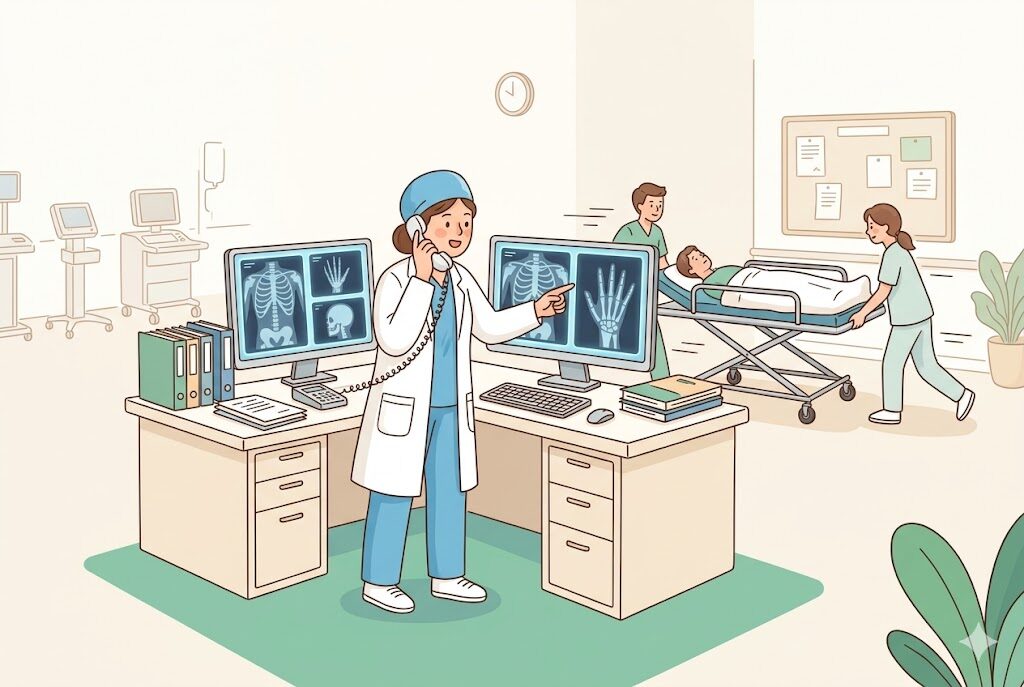 放射線技師が当直中に疲れている様子のイラスト