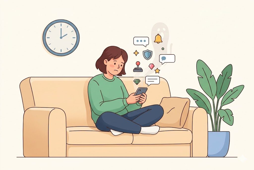 ソシャゲに飽きた人がスマホを見ているイラスト