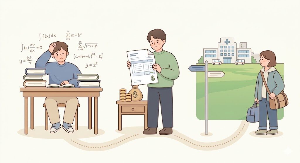 学校選びでよくある後悔パターンを表すイラスト