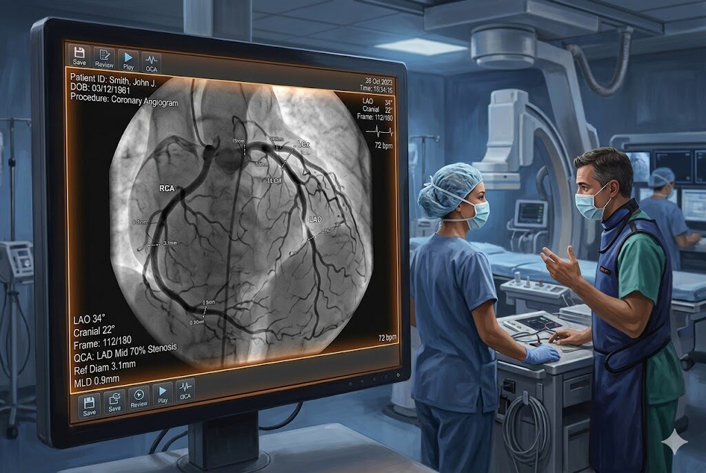 アンギオグラム（冠動脈造影画像）を確認する放射線技師と医師