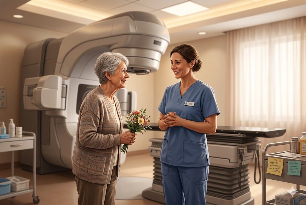 治療最終日に患者から感謝を受ける放射線技師(放射線治療のやりがい)