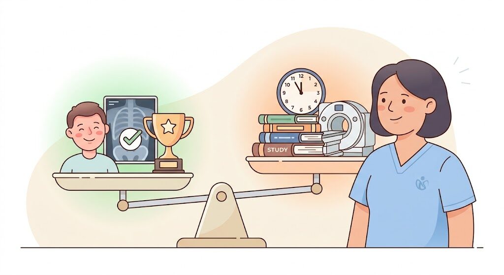 放射線技師のやりがいと大変さを天秤で表現したイラスト