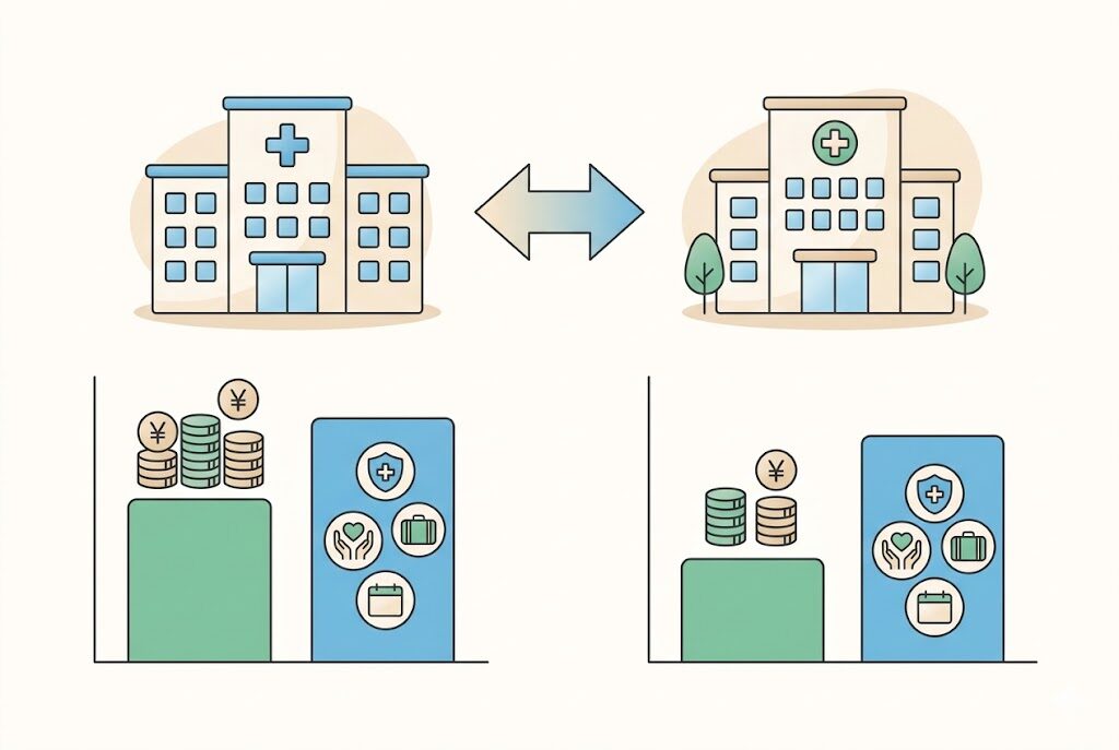 健診センターと病院の年収比較イラスト