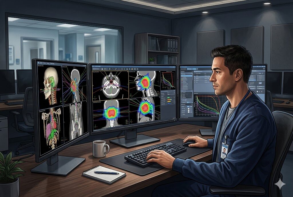 治療計画装置(TPS)で線量分布を確認する放射線技師