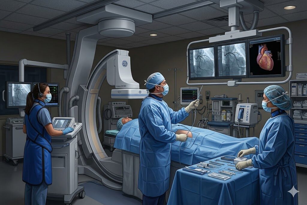 血管造影検査中のカテ室の様子（医師・技師・看護師のチーム医療）