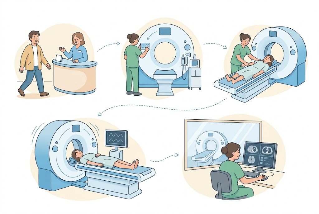 CT検査の業務フロー5ステップのイラスト