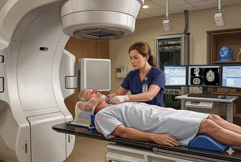 患者のセットアップ(位置決め)を行う放射線技師とリニアック