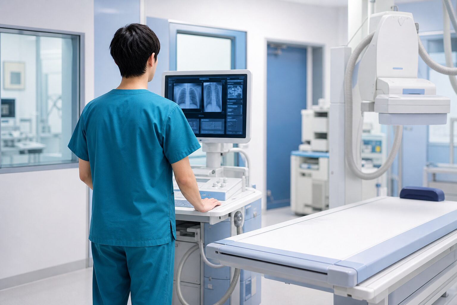 スクラブを着て撮影室で働く医療スタッフのイメージ